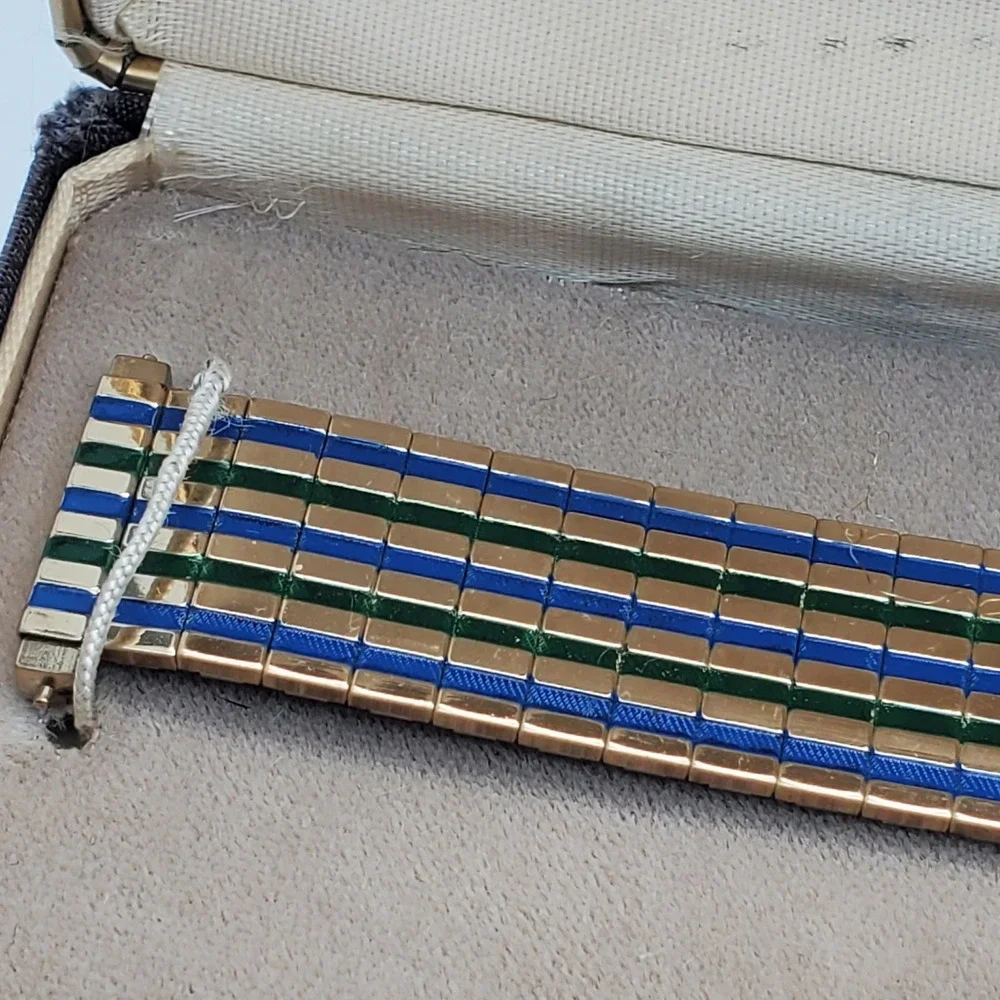 Destino Cufflinks Watch Band Blue Green Enamel Stripes 1/20 10K Gold Filled MCM